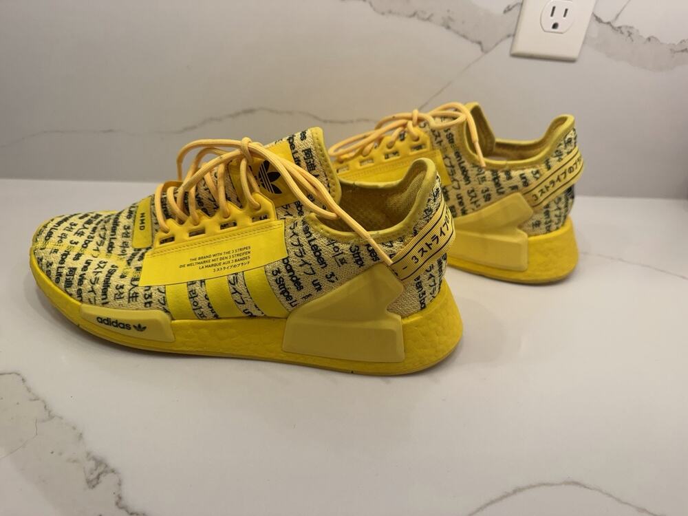 Adidas NMD Shoes Mens Size 10 Yellow All Over Text Print Running Sneakers FZ6231